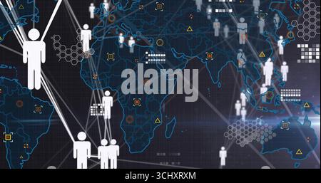 Displaying white humanoid icon connecting via network lines over digital map outline, copy space Stock Photo