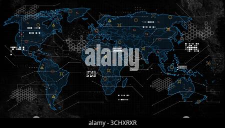 Displaying glowing world map on interface, showing hexagonal clusters, warning icons, grid patterns Stock Photo