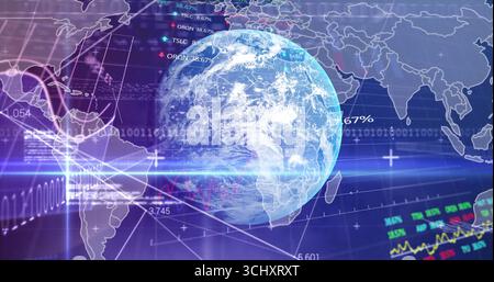 Rotating 3D Earth globe streaming binary code and line bar charts in dashboard with map outlines Stock Photo