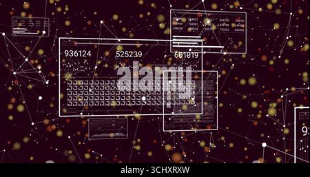 Displaying panel showing data matrix and numeric overlays on maroon scene with network nodes, bokeh Stock Photo