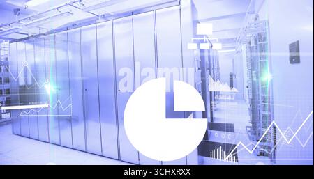 Displaying server cabinets showing LED indicators above tiles at data center with digital overlay Stock Photo