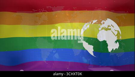 Displaying rainbow-striped flag with overlaid dotted world map and white globe on digital banner Stock Photo