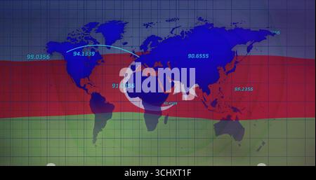 Displaying blue map on red-green striped grid interface with cyan labels and star-and-crescent Stock Photo