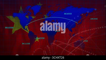 Displaying digital world map on red grid, showing numeric data, star markers, connection lines Stock Photo