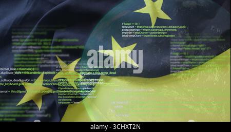 Translucent EU sphere floating in virtual code background, showing lines of JavaScript source code Stock Photo