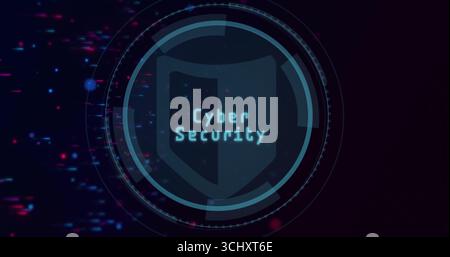 Displaying shield icon glowing with UI rings and arcs on gradient backdrop with glitch particles Stock Photo