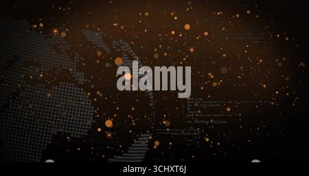 Showing dotted globe spinning in cyber space, orange-gray particles and code fragments, copy space Stock Photo