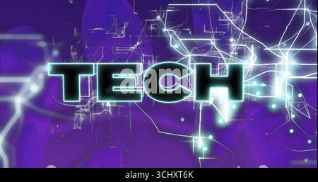 Glowing neon typography displaying TECH on data network backdrop with circuit lines, glowing nodes Stock Photo