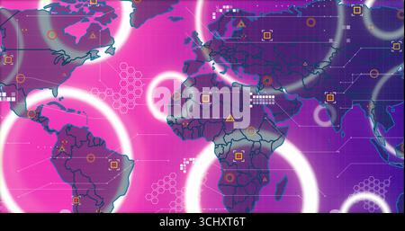 World map glowing in pink-purple gradient on digital interface with glowing circles and hex grid Stock Photo