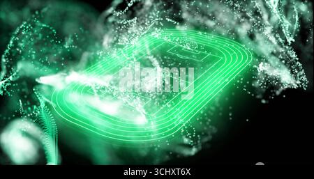 Floating neon green wireframe track and pitch outline in digital void, with glowing particle clouds Stock Photo