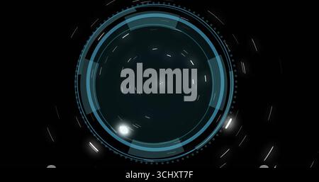 Rotating central interface with blue rings and arcs on dark screen, with luminous dots and streaks Stock Photo