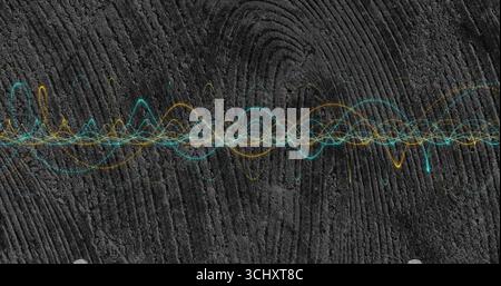 Displaying overlapping teal and gold sine waves on abstract background, with fingerprint ridges Stock Photo