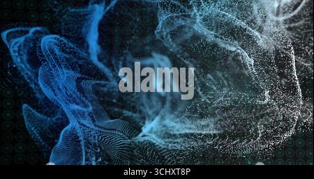 Swirling luminous particles forming wave-like ribbons across dark backdrop, in digital space Stock Photo