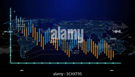 Displaying bar chart overlaying world map on dashboard, with turquoise axes and warning icons Stock Photo