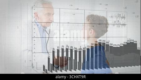 Pressing stethoscope on boy chest, doctor wearing lab coat in exam room, showing bar chart overlay Stock Photo