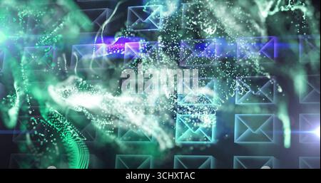 Flowing green white blue particle streams weaving through cyberspace grid, with envelope icons Stock Photo