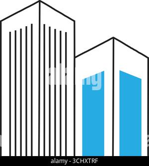 The building on the right is slightly shorter and set behind the taller one, creating a sense of depth and perspective. It has a simpler façade, Stock Vector