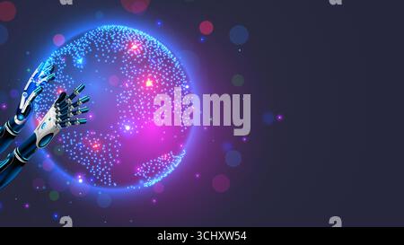 Planet Earth is in the hands of Artificial Intelligence or AI. A robot or cyborg holds the Earth in his hands. HUD interface of a virtual globe in cyb Stock Vector