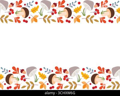 Autumn border of colorful leaves, berries, acorns and mushrooms Stock Vector