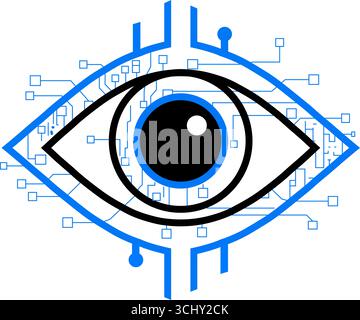 A futuristic Cybersigilism icon featuring a digital eye with circuit patterns, blending mysticism and technology for modern cyber-inspired designs Stock Vector