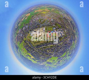 Aerial view, Auenpark construction site with new residential buildings, artwork dome and playground in Auenpark, sports centre with football stadium a Stock Photo