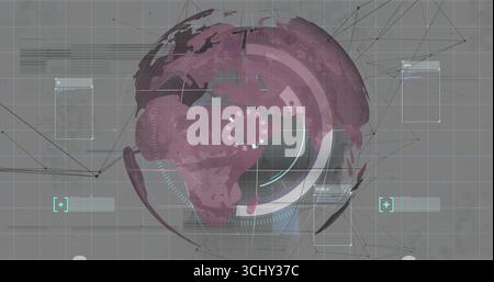 Displaying 3D globe centering Africa and Europe in interface, with grid overlay, HUD rings, panels Stock Photo