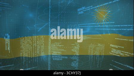 Displaying floating code streams above grid floor, with translucent yellow band and styled sun icon Stock Photo