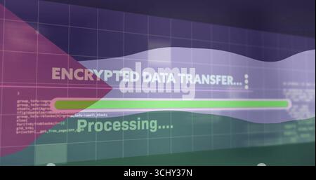 Interface displaying encrypted data transfer processing on screen, with green progress bar and grid Stock Photo