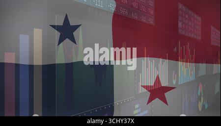 Displaying graphic overlaying Panama flag on market screen with bar charts line graphs and tickers Stock Photo
