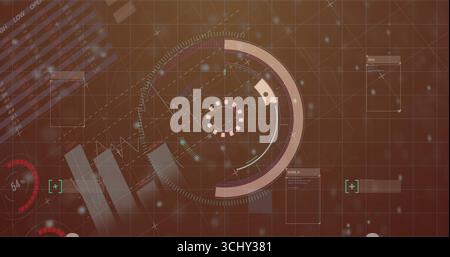 Displaying central HUD pulsing on dashboard, with arcs, line and bar charts and drifting particles Stock Photo
