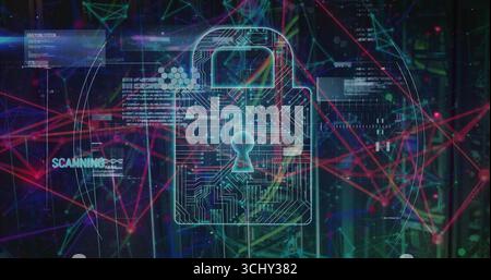 Displaying circuit padlock icon glowing in data center, scanning code snippets on neon nodes Stock Photo