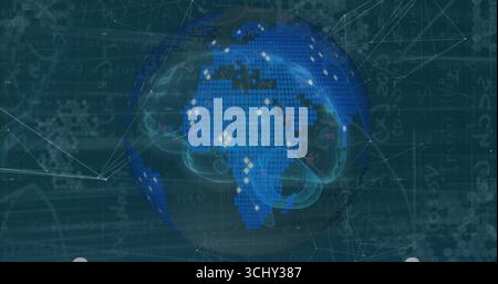 Displaying globe featuring neural network brain in digital interface, with network nodes and grid Stock Photo