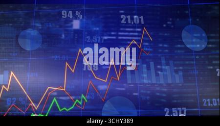 Displaying financial dashboard on screen, showing line and bar charts, circles and numeric labels Stock Photo