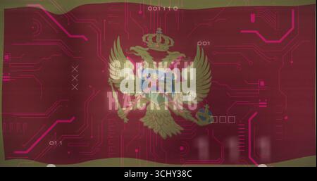 Two-headed eagle crest and shield glowing in digital interface, with magenta circuits, binary code Stock Photo