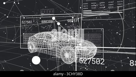 Floating 3D sedan wireframe model in virtual data space, with network graph panels and bar graphs Stock Photo