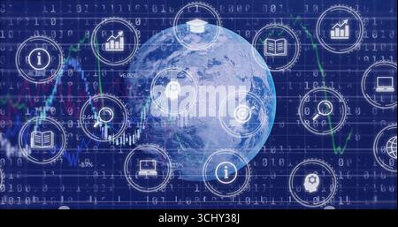 Rotating 3D Earth globe floating over network grid, with binary digits, line graphs and white icons Stock Photo