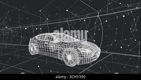 Floating wireframe sedan model in virtual network space, with interconnected nodes and thin lines Stock Photo