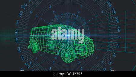 Rotating neon green wireframe van hovering within grid floor, with HUD rings and degree markings Stock Photo