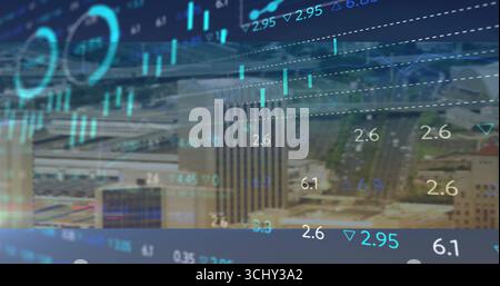 Displaying aerial city skyline over highways, with floating financial charts and candlesticks Stock Photo