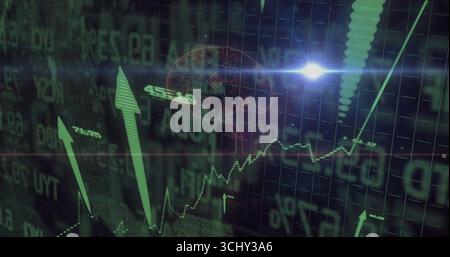Zigzagging green line graph rising on grid, with green arrows, red brain outline, lens flare Stock Photo