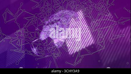 Visualizing brain mesh rotating on purple background with network nodes and diagonal light stripes Stock Photo
