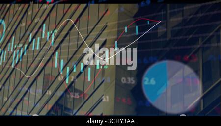 Displaying central blue candlestick bars with red-white trend lines and numeric overlays at office Stock Photo