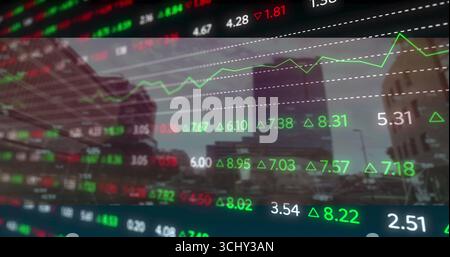 Floating market overlay showing green or red tickers with graphs over downtown roadway, with towers Stock Photo