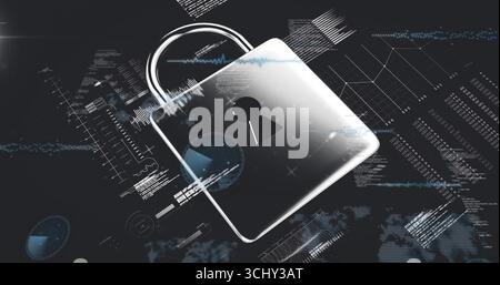 Floating metallic padlock glowing over virtual interface, featuring code snippets, waveform graphs Stock Photo