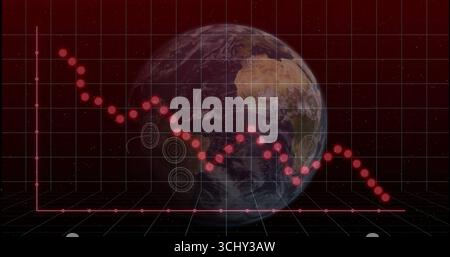 Displaying Earth globe showing falling red line graph in grid interface, with target markers Stock Photo