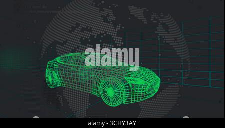Neon green wireframe car hovering in virtual space, with dotted globe map and teal grid lines Stock Photo