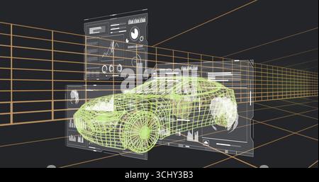 Displaying green wireframe car model hovering in 3D design lab, floating data panels, orange grid Stock Photo