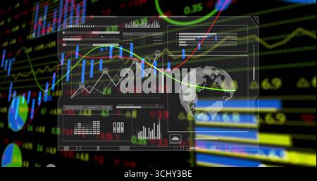 Displaying dashboard hovering in digital hub, with candlestick chart line graph and globe icon Stock Photo