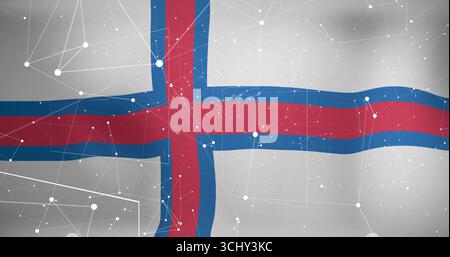 Displaying stylized Faroese flag filling frame, featuring network nodes with thin connecting lines Stock Photo