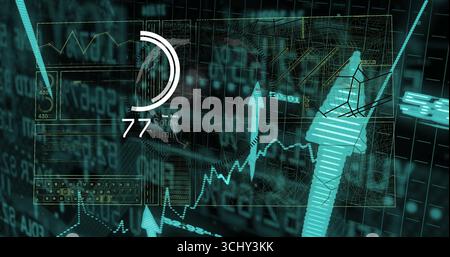 Displaying holographic panel in digital workspace, with line graph and circular progress indicator Stock Photo